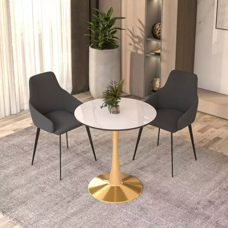 Table à manger ronde Bristol 24 plateau en pierre frittée table d'appoint de café avec piètement colonne robuste en acier doré pour cuisines et petits espaces