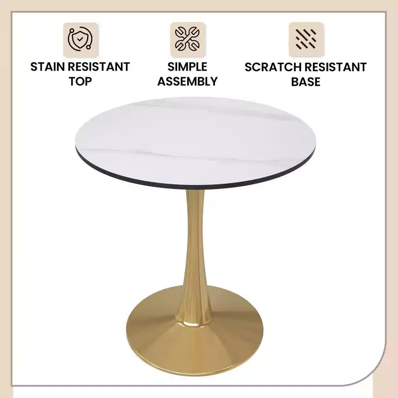 Table à manger ronde Bristol 24 plateau en pierre frittée table d'appoint de café avec piètement colonne robuste en acier doré pour cuisines et petits espaces