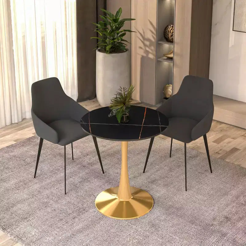 Table à manger ronde Bristol 24 plateau en pierre frittée table d'appoint de café avec piètement colonne robuste en acier doré pour cuisines et petits espaces