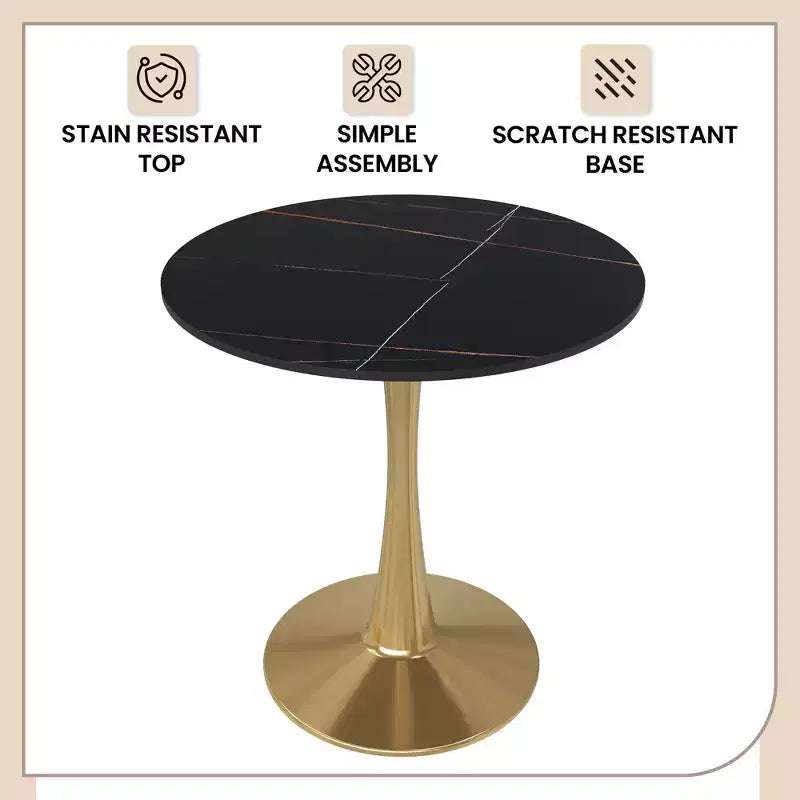Table à manger ronde Bristol 24 plateau en pierre frittée table d'appoint de café avec piètement colonne robuste en acier doré pour cuisines et petits espaces