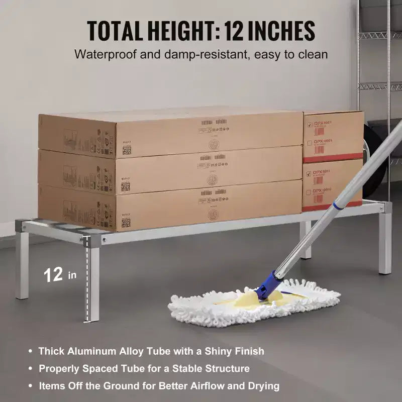 Étagère de dunnage en aluminium, 60 x 20 pouces, pour aliments commerciaux, 12 pouces du sol, capacité de 1000 lb, étagère de rangement tout aluminium soudé