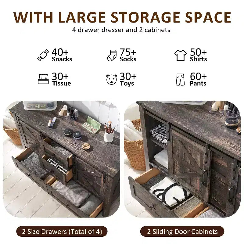 Commode 48" de ferme avec 4 tiroirs et 2 portes de grange, commode et meuble TV rustique avec étagère réglable pour le salon