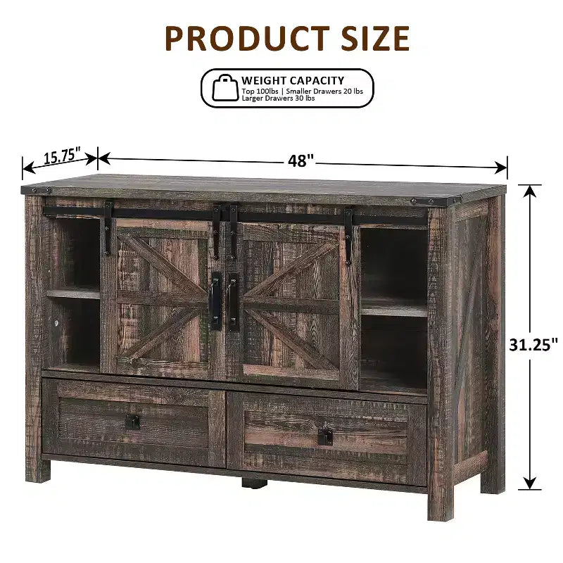 Commode 48" de ferme avec 4 tiroirs et 2 portes de grange, commode et meuble TV rustique avec étagère réglable pour le salon