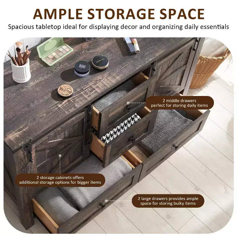 Commode 48" de ferme avec 4 tiroirs et 2 portes de grange, commode et meuble TV rustique avec étagère réglable pour le salon