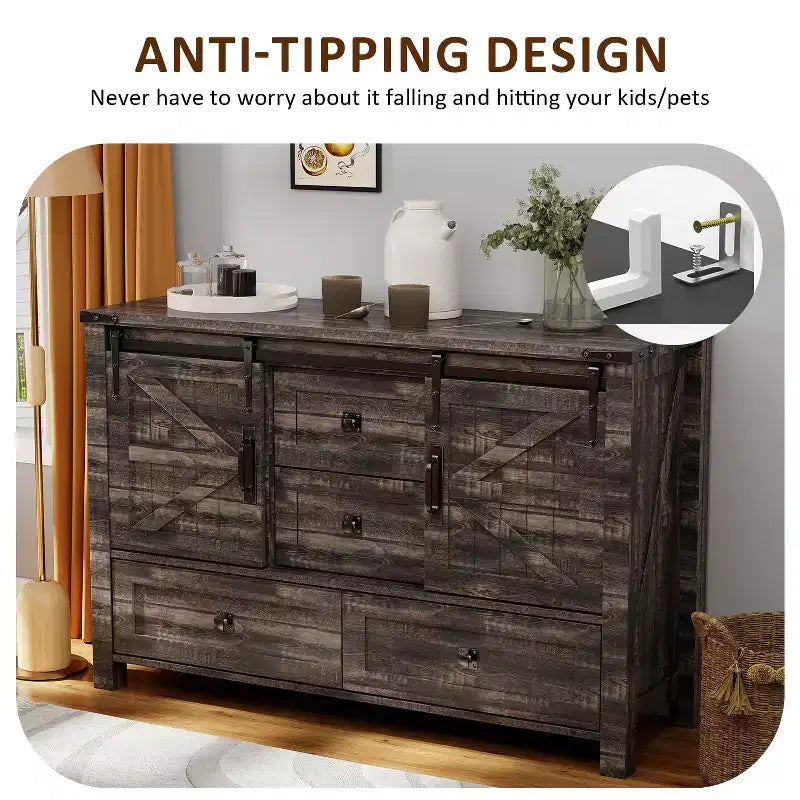 Commode 48" de ferme avec 4 tiroirs et 2 portes de grange, commode et meuble TV rustique avec étagère réglable pour le salon