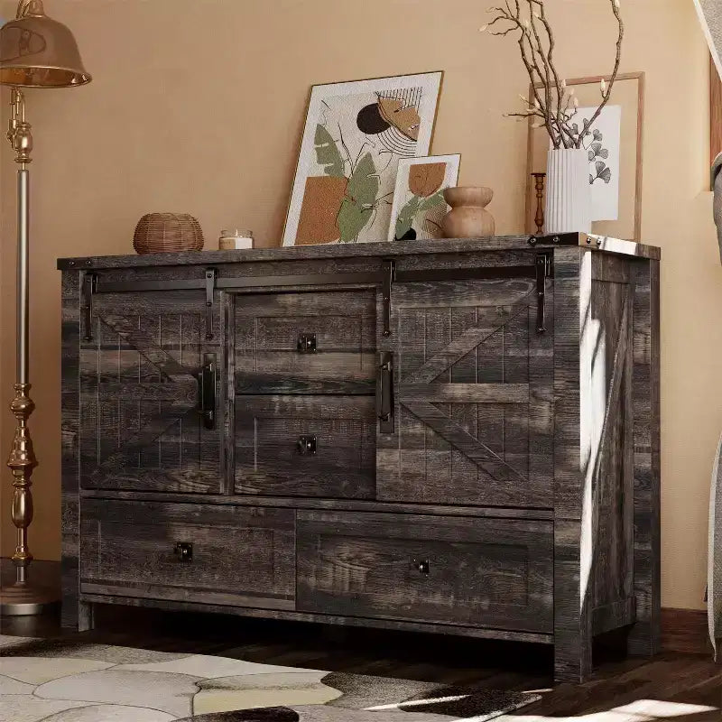Commode 48" de ferme avec 4 tiroirs et 2 portes de grange, commode et meuble TV rustique avec étagère réglable pour le salon