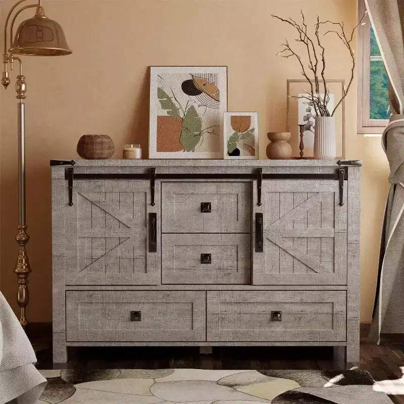 Commode 48" de ferme avec 4 tiroirs et 2 portes de grange, commode et meuble TV rustique avec étagère réglable pour le salon