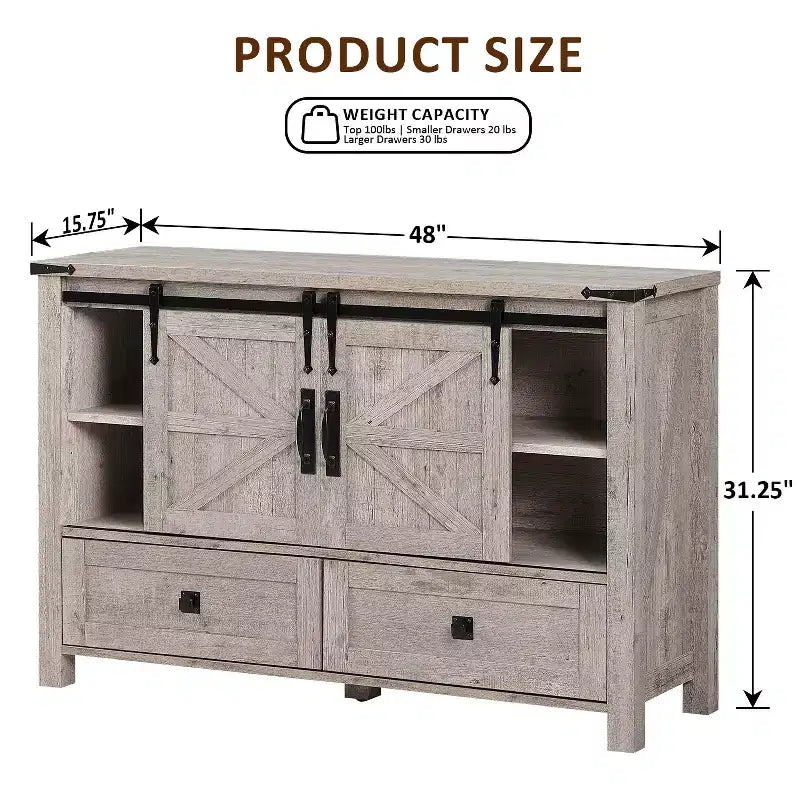 Commode 48" de ferme avec 4 tiroirs et 2 portes de grange, commode et meuble TV rustique avec étagère réglable pour le salon