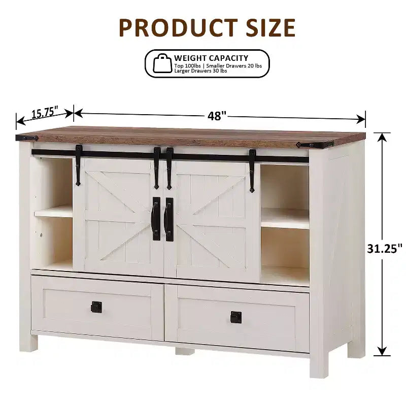 Commode 48" de ferme avec 4 tiroirs et 2 portes de grange, commode et meuble TV rustique avec étagère réglable pour le salon