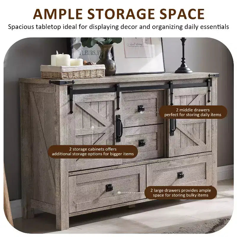 Commode 48" de ferme avec 4 tiroirs et 2 portes de grange, commode et meuble TV rustique avec étagère réglable pour le salon