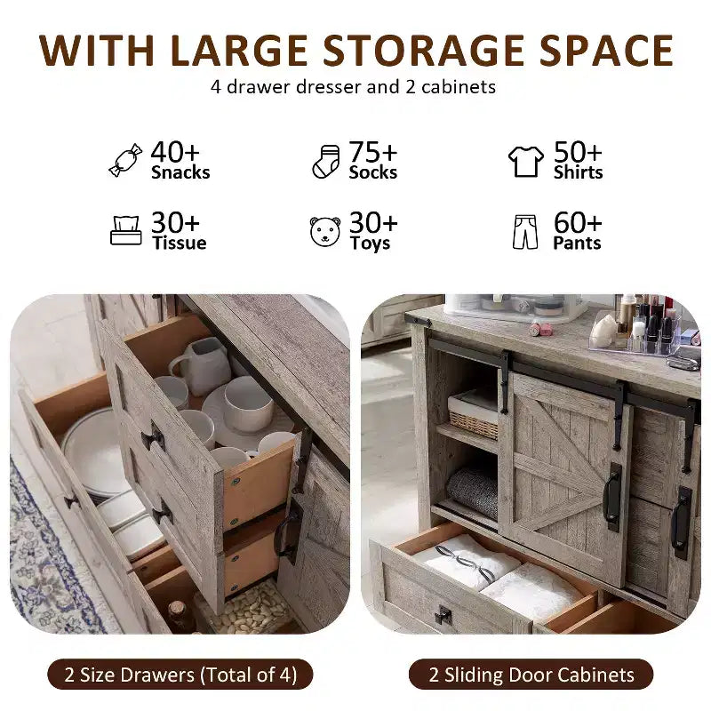 Commode 48" de ferme avec 4 tiroirs et 2 portes de grange, commode et meuble TV rustique avec étagère réglable pour le salon