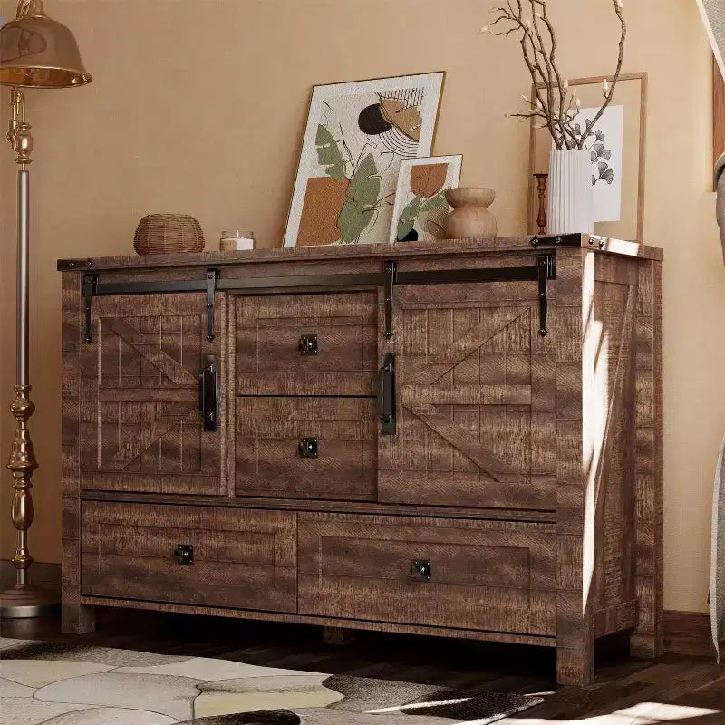Commode 48" de ferme avec 4 tiroirs et 2 portes de grange, commode et meuble TV rustique avec étagère réglable pour le salon