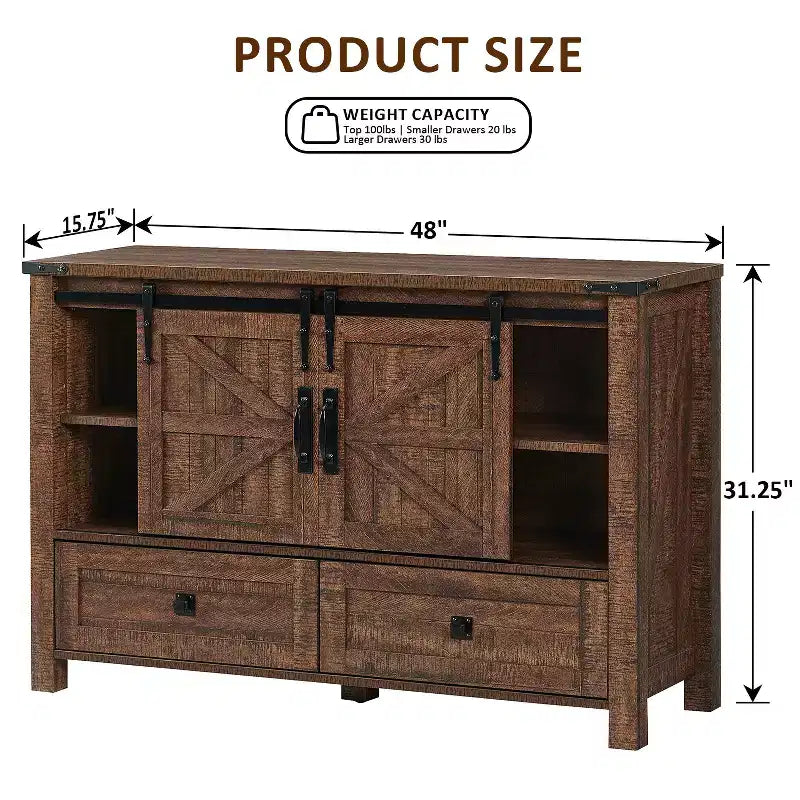 Commode 48" de ferme avec 4 tiroirs et 2 portes de grange, commode et meuble TV rustique avec étagère réglable pour le salon