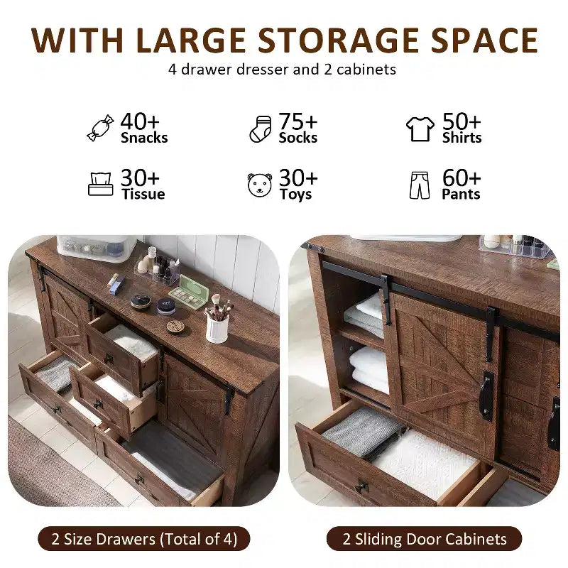 Commode 48" de ferme avec 4 tiroirs et 2 portes de grange, commode et meuble TV rustique avec étagère réglable pour le salon