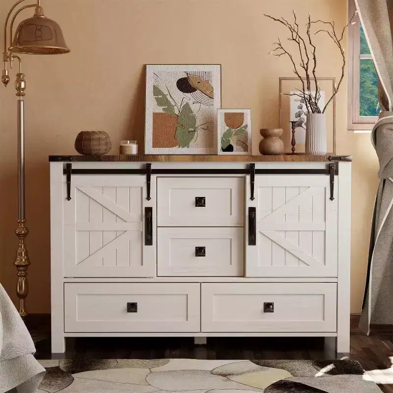 Commode 48" de ferme avec 4 tiroirs et 2 portes de grange, commode et meuble TV rustique avec étagère réglable pour le salon