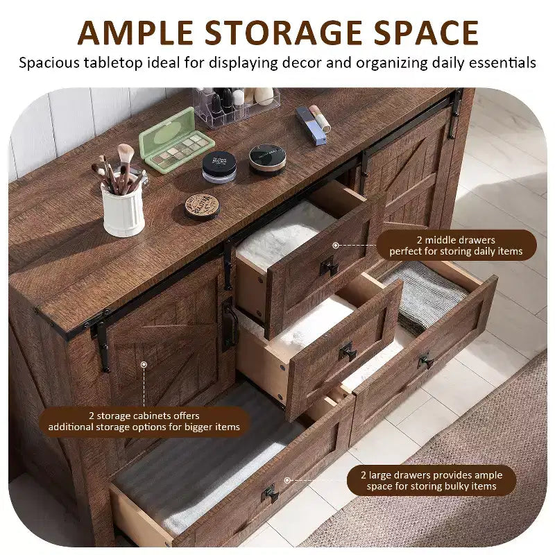 Commode 48" de ferme avec 4 tiroirs et 2 portes de grange, commode et meuble TV rustique avec étagère réglable pour le salon