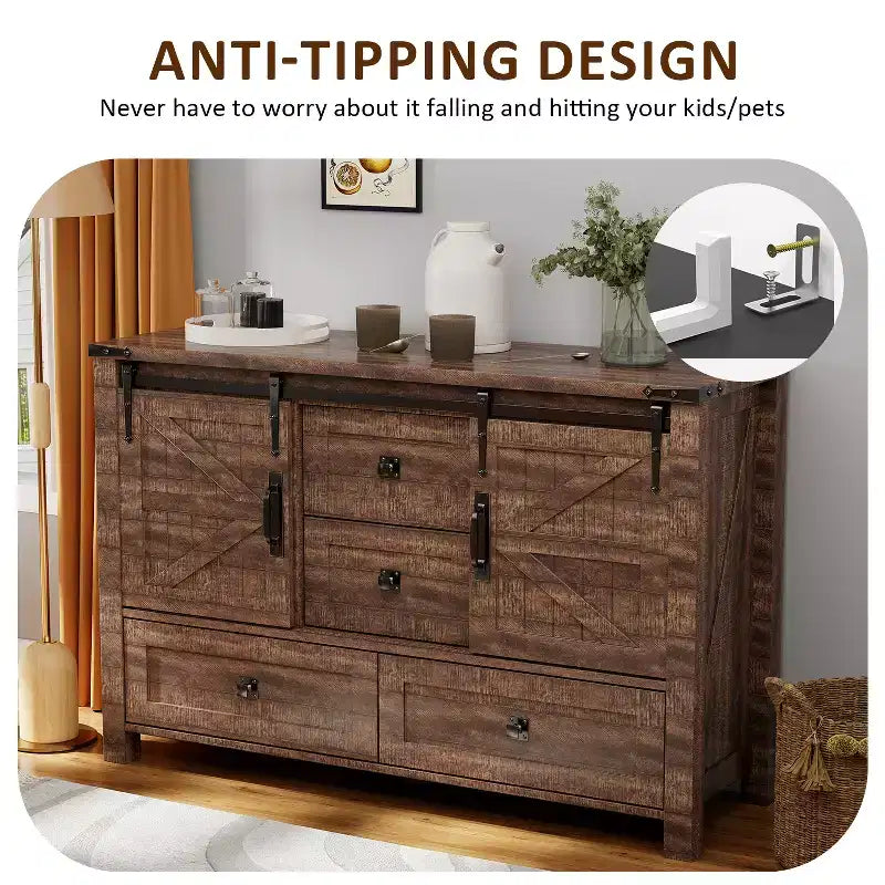 Commode 48" de ferme avec 4 tiroirs et 2 portes de grange, commode et meuble TV rustique avec étagère réglable pour le salon