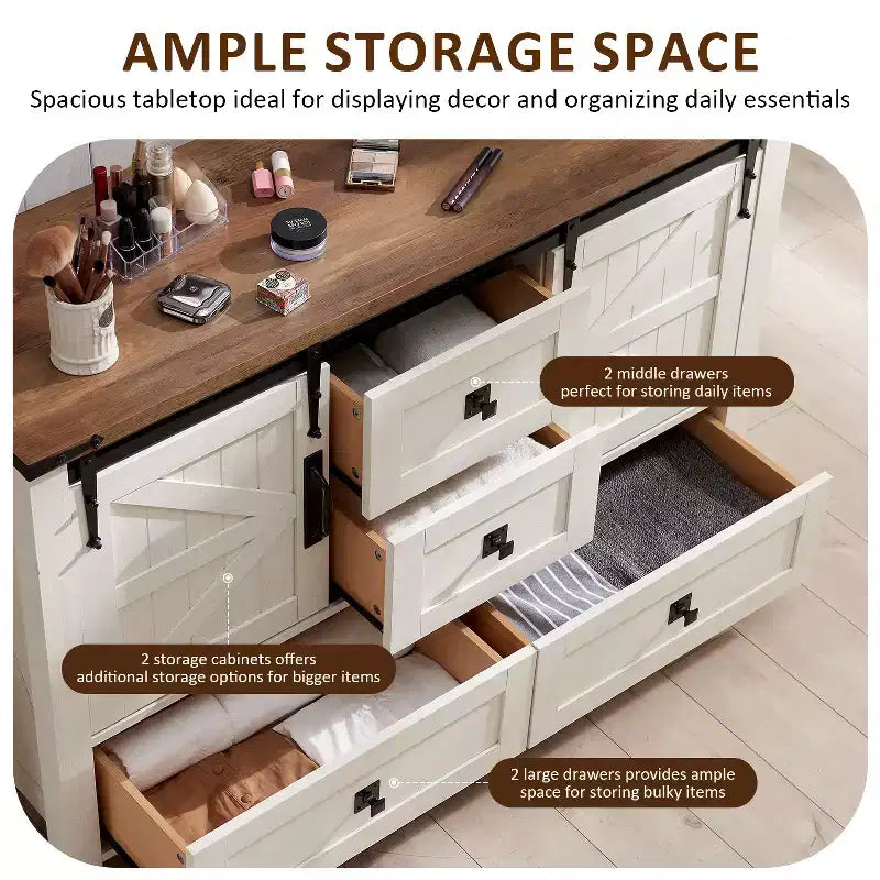 Commode 48" de ferme avec 4 tiroirs et 2 portes de grange, commode et meuble TV rustique avec étagère réglable pour le salon