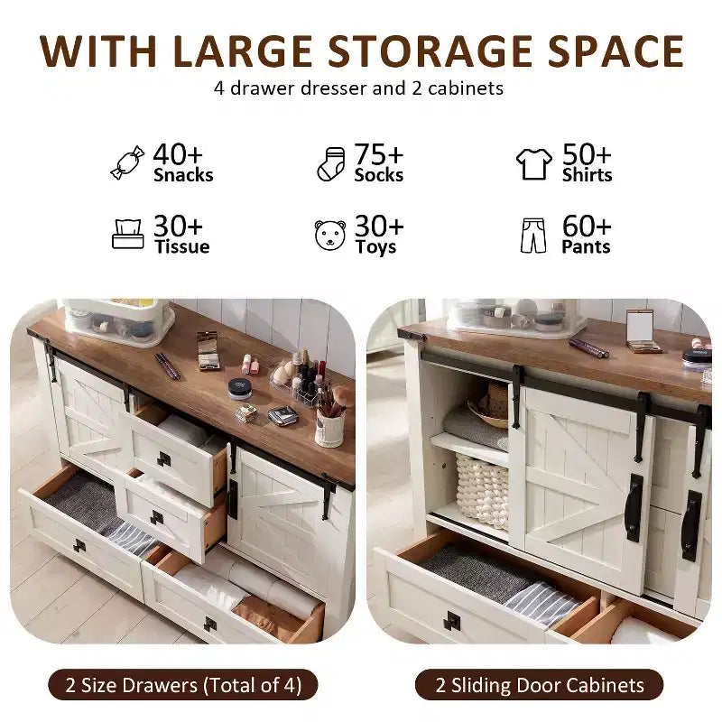 Commode 48" de ferme avec 4 tiroirs et 2 portes de grange, commode et meuble TV rustique avec étagère réglable pour le salon