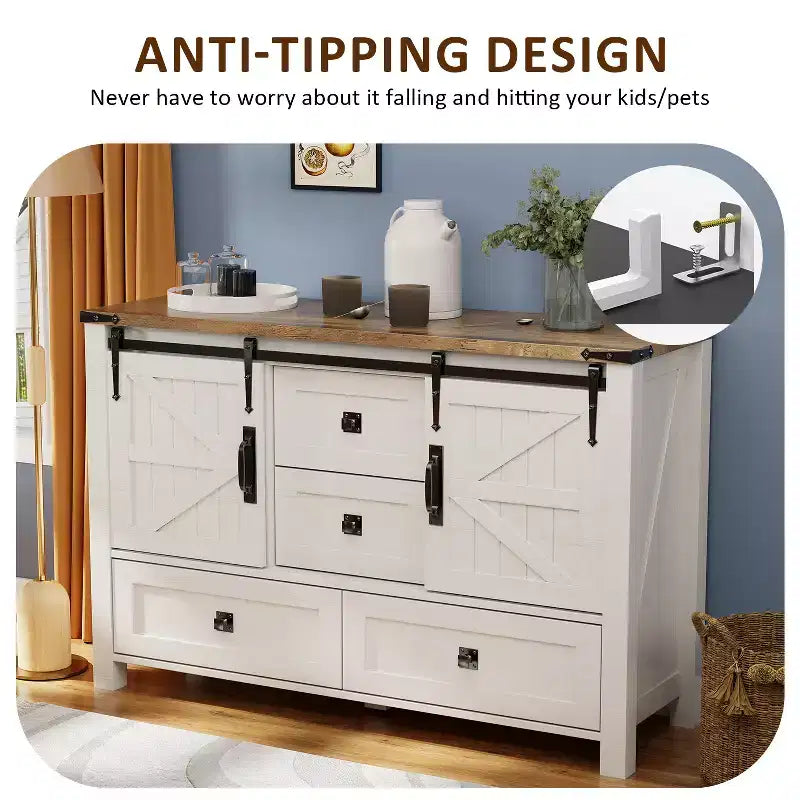 Commode 48" de ferme avec 4 tiroirs et 2 portes de grange, commode et meuble TV rustique avec étagère réglable pour le salon