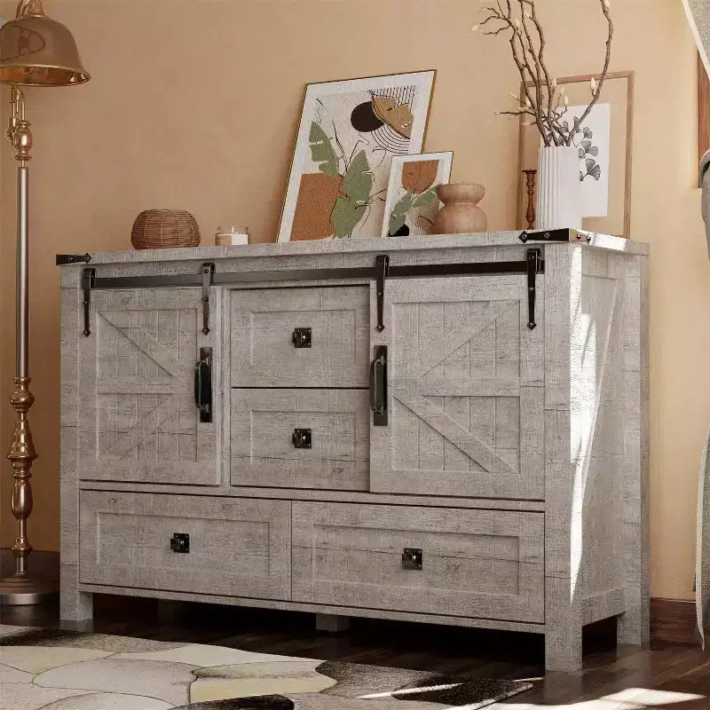 Commode 48" de ferme avec 4 tiroirs et 2 portes de grange, commode et meuble TV rustique avec étagère réglable pour le salon