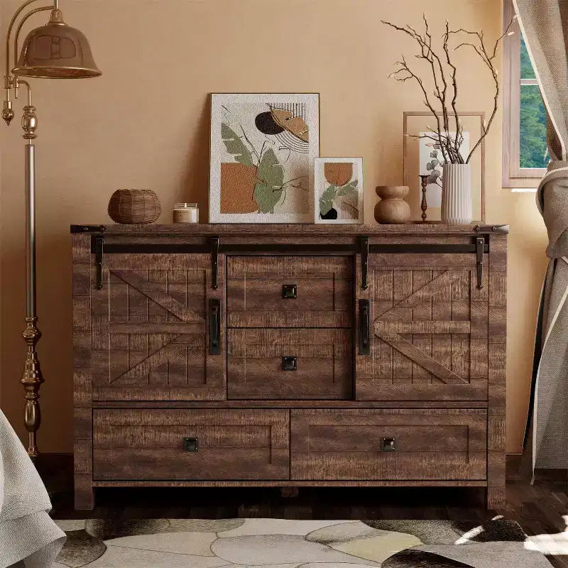 Commode 48" de ferme avec 4 tiroirs et 2 portes de grange, commode et meuble TV rustique avec étagère réglable pour le salon