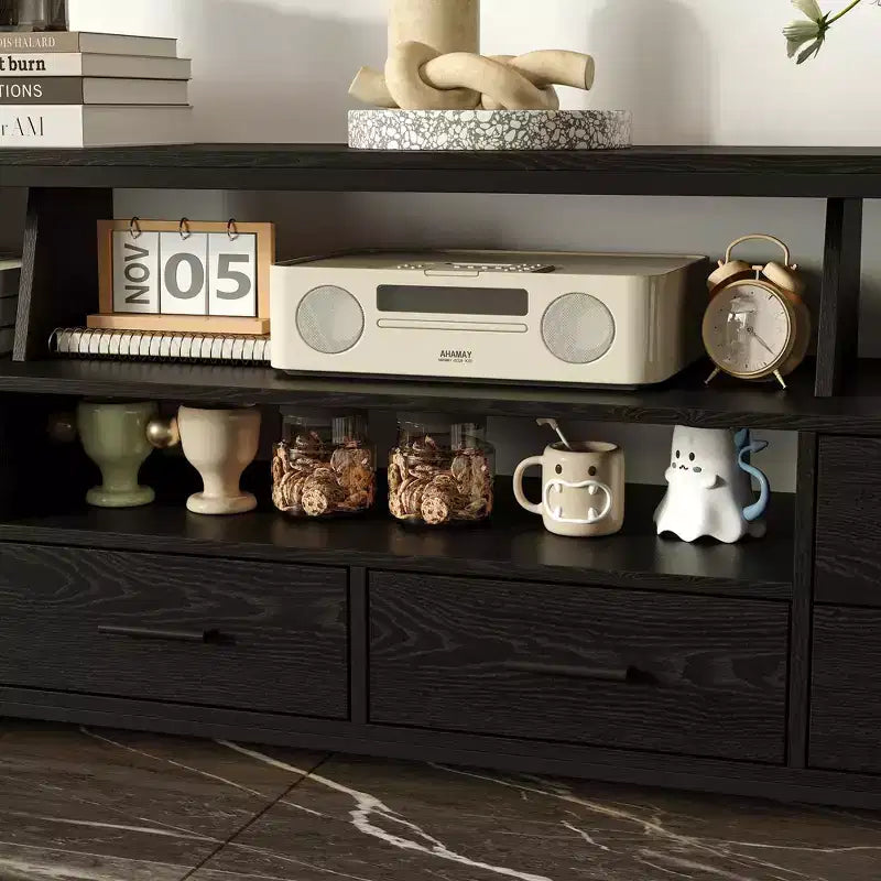 Meuble TV contemporain noir avec étagères et tiroirs – Option de rangement élégante pour espaces multimédia domestiques