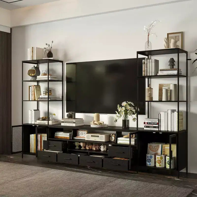 Meuble TV contemporain noir avec étagères et tiroirs – Option de rangement élégante pour espaces multimédia domestiques
