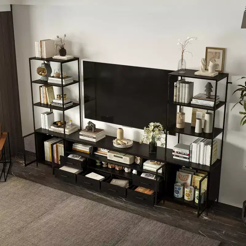 Meuble TV contemporain noir avec étagères et tiroirs – Option de rangement élégante pour espaces multimédia domestiques