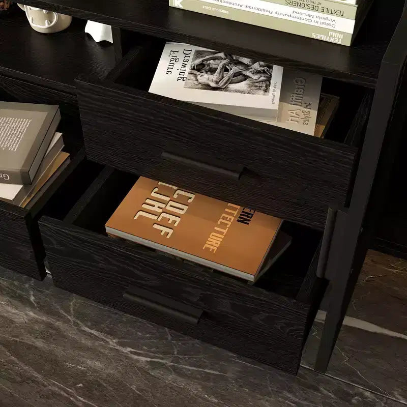 Meuble TV contemporain noir avec étagères et tiroirs – Option de rangement élégante pour espaces multimédia domestiques