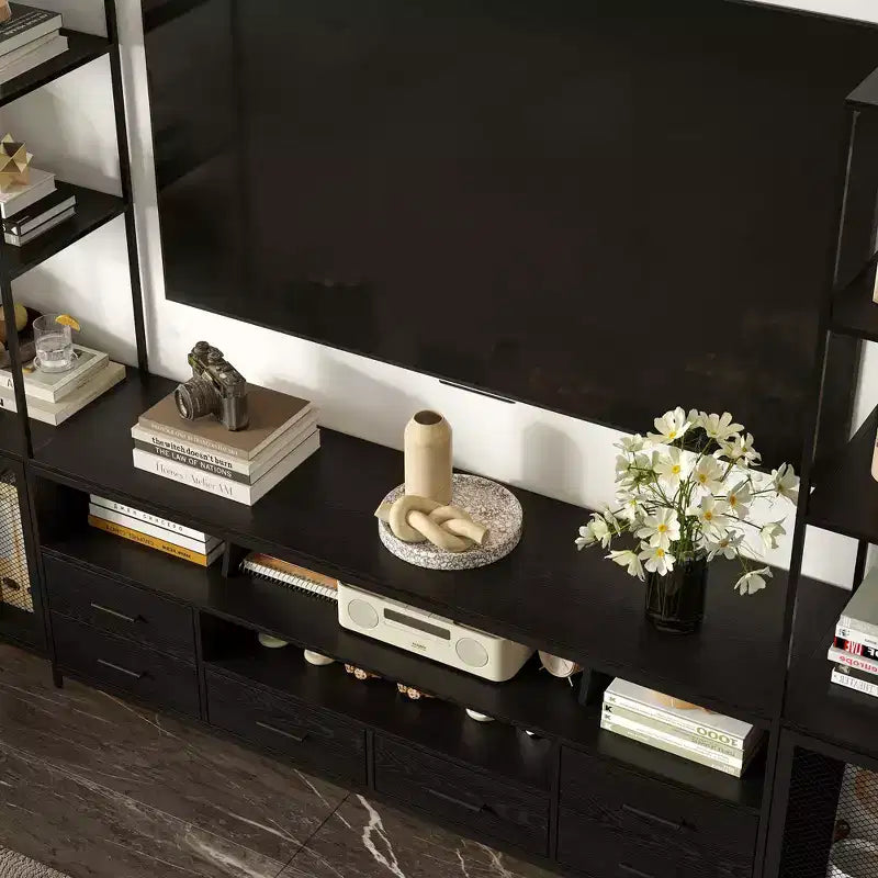 Meuble TV contemporain noir avec étagères et tiroirs – Option de rangement élégante pour espaces multimédia domestiques