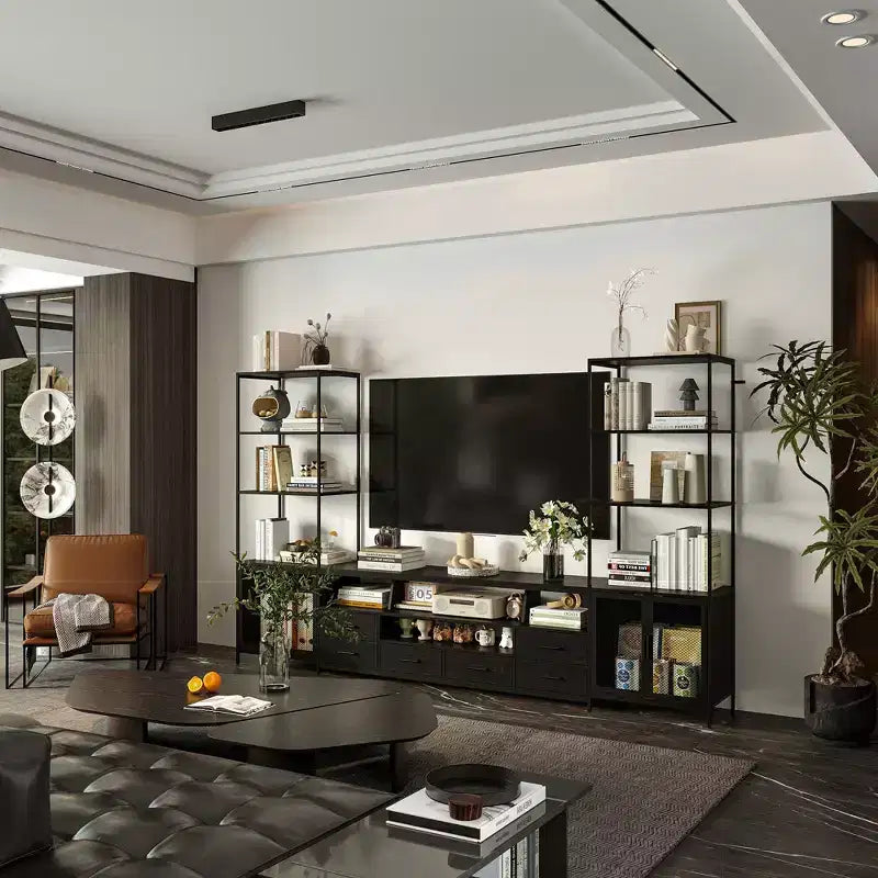Meuble TV contemporain noir avec étagères et tiroirs – Option de rangement élégante pour espaces multimédia domestiques