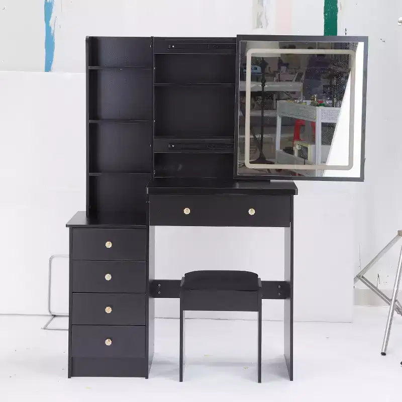 Miroir de courtoisie avec lumières et ensemble de table, grande coiffeuse et tabouret rembourré avec 37 tiroirs de chevet gauche, noir