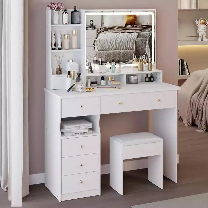 Coiffeuse avec tiroirs et lumières, 41 po, bureau-coiffeuse côté gauche avec tabouret rembourré et grand miroir coulissant tactile à LED, blanc