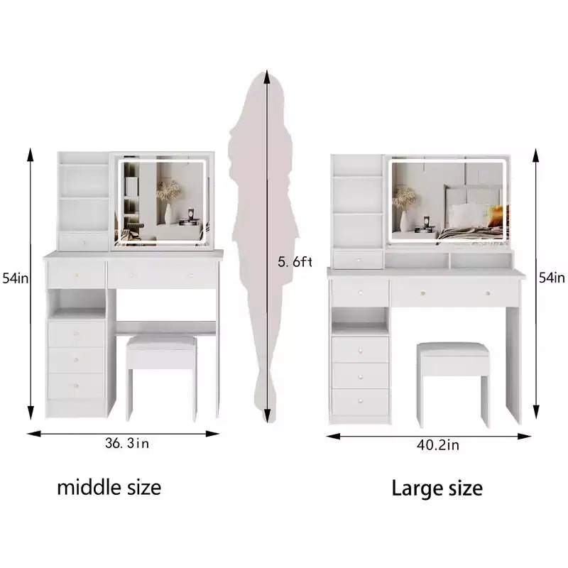 Coiffeuse avec tiroirs et lumières, 41 po, bureau-coiffeuse côté gauche avec tabouret rembourré et grand miroir coulissant tactile à LED, blanc