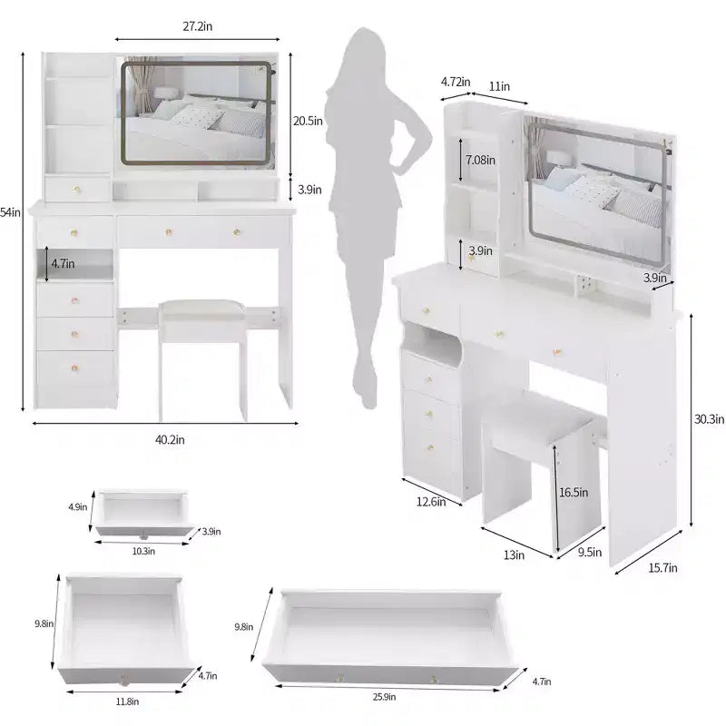 Coiffeuse avec tiroirs et lumières, 41 po, bureau-coiffeuse côté gauche avec tabouret rembourré et grand miroir coulissant tactile à LED, blanc