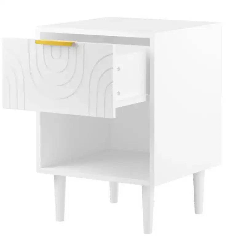 Table de chevet moderne en bois blanc, Table d'appoint avec tiroir et étagère