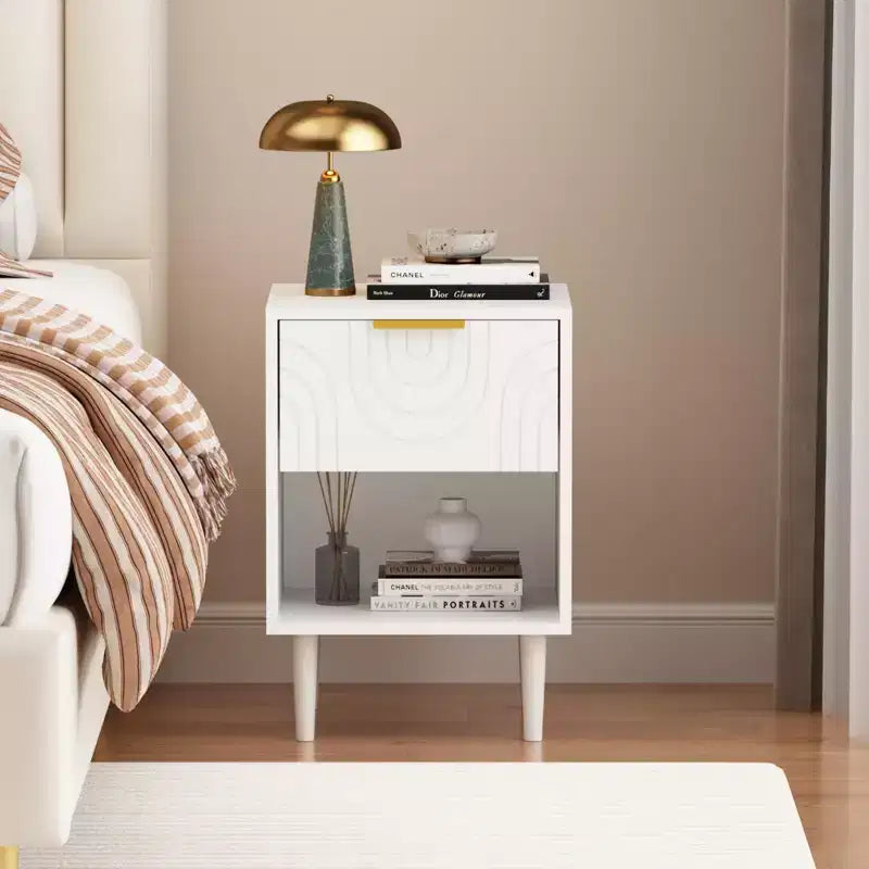 Table de chevet moderne en bois blanc, Table d'appoint avec tiroir et étagère