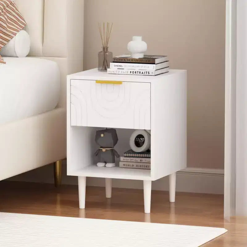 Table de chevet moderne en bois blanc, Table d'appoint avec tiroir et étagère