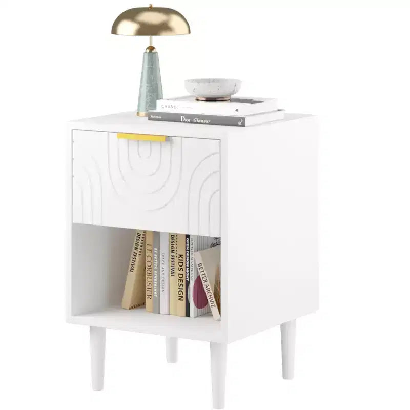 Table de chevet moderne en bois blanc, Table d'appoint avec tiroir et étagère