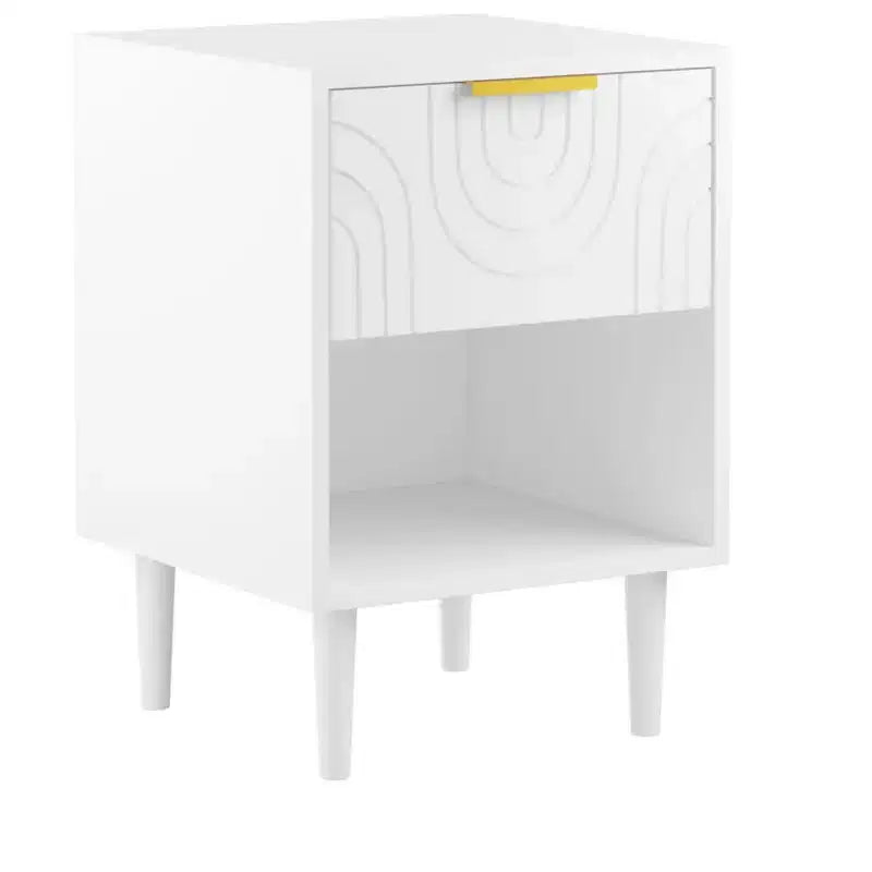 Table de chevet moderne en bois blanc, Table d'appoint avec tiroir et étagère