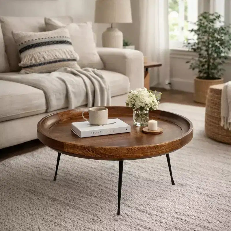 Table basse ronde en manguier fabriquée à la main avec plateau amovible, noyer foncé, pieds en fer noir