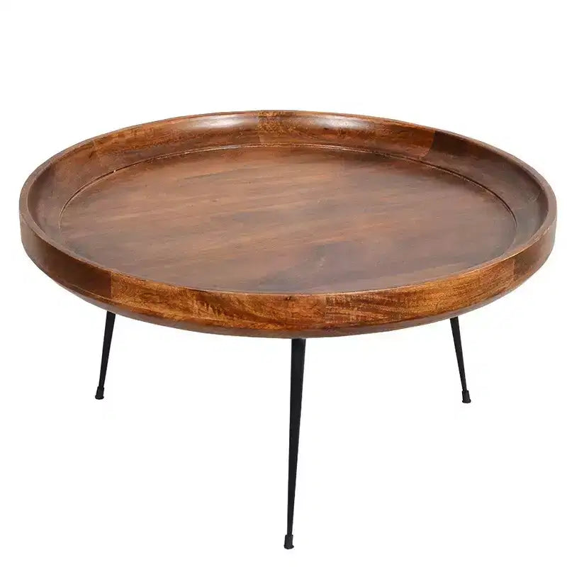 Table basse ronde en manguier fabriquée à la main avec plateau amovible, noyer foncé, pieds en fer noir