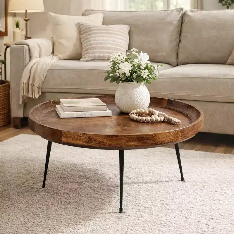 Table basse ronde en manguier fabriquée à la main avec plateau amovible, noyer foncé, pieds en fer noir