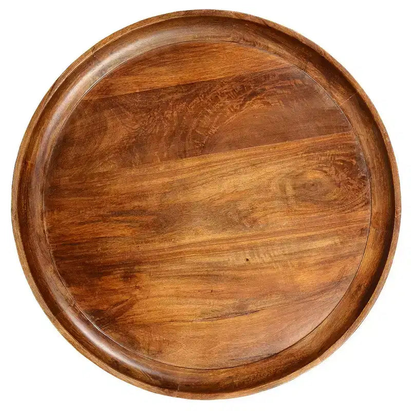 Table basse ronde en manguier fabriquée à la main avec plateau amovible, noyer foncé, pieds en fer noir