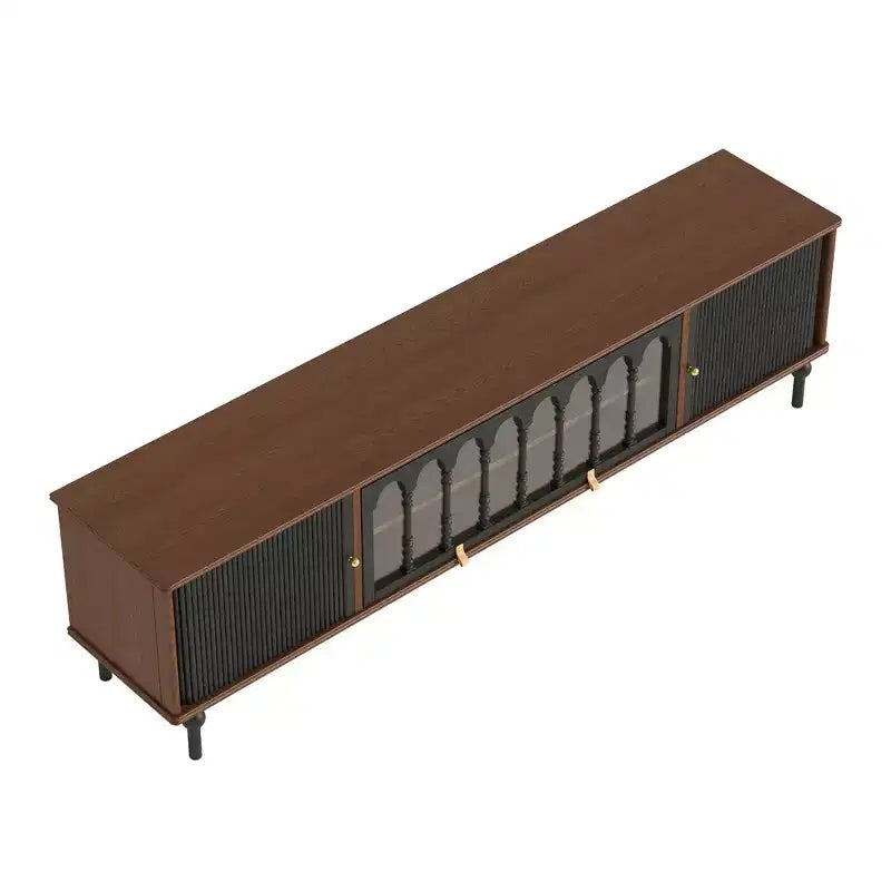 Meuble TV Rétro en Bois avec Portes Coulissantes, Panneaux en Verre Bombés, Poignées en Métal, Pieds en Bois Massif et Gestion des Câbles – 200 cm
