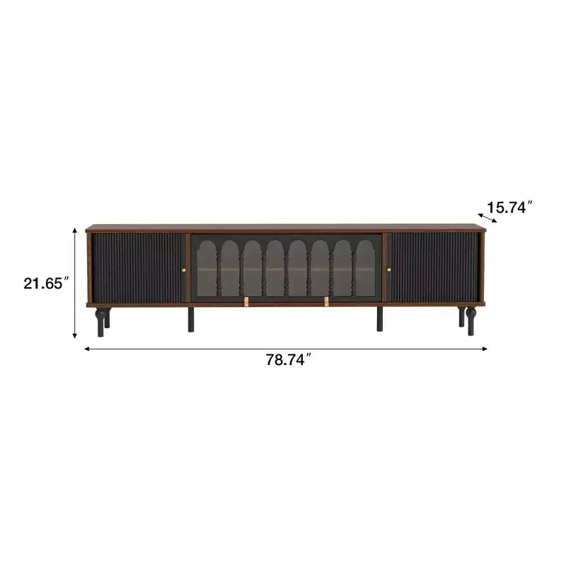 Meuble TV Rétro en Bois avec Portes Coulissantes, Panneaux en Verre Bombés, Poignées en Métal, Pieds en Bois Massif et Gestion des Câbles – 200 cm