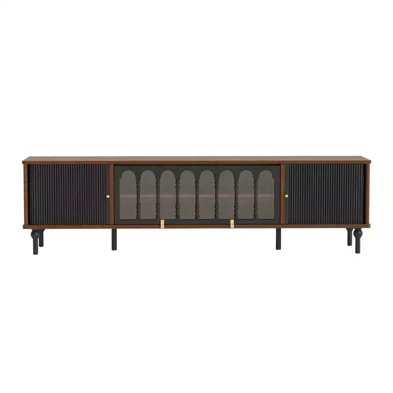 Meuble TV Rétro en Bois avec Portes Coulissantes, Panneaux en Verre Bombés, Poignées en Métal, Pieds en Bois Massif et Gestion des Câbles – 200 cm