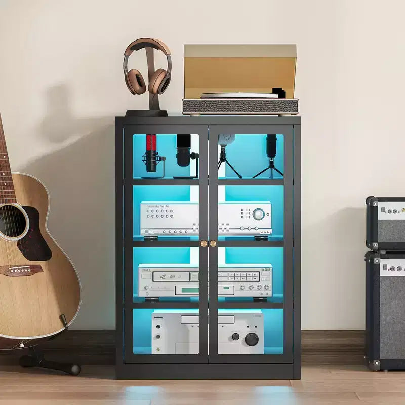 Meuble média en métal, meuble stéréo à 4 niveaux avec portes en verre et étagères réglables, rack audio-vidéo avec gestion des câbles