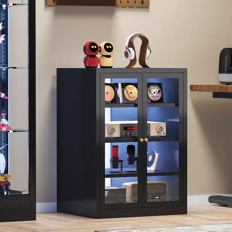 Meuble média en métal, meuble stéréo à 4 niveaux avec portes en verre et étagères réglables, rack audio-vidéo avec gestion des câbles